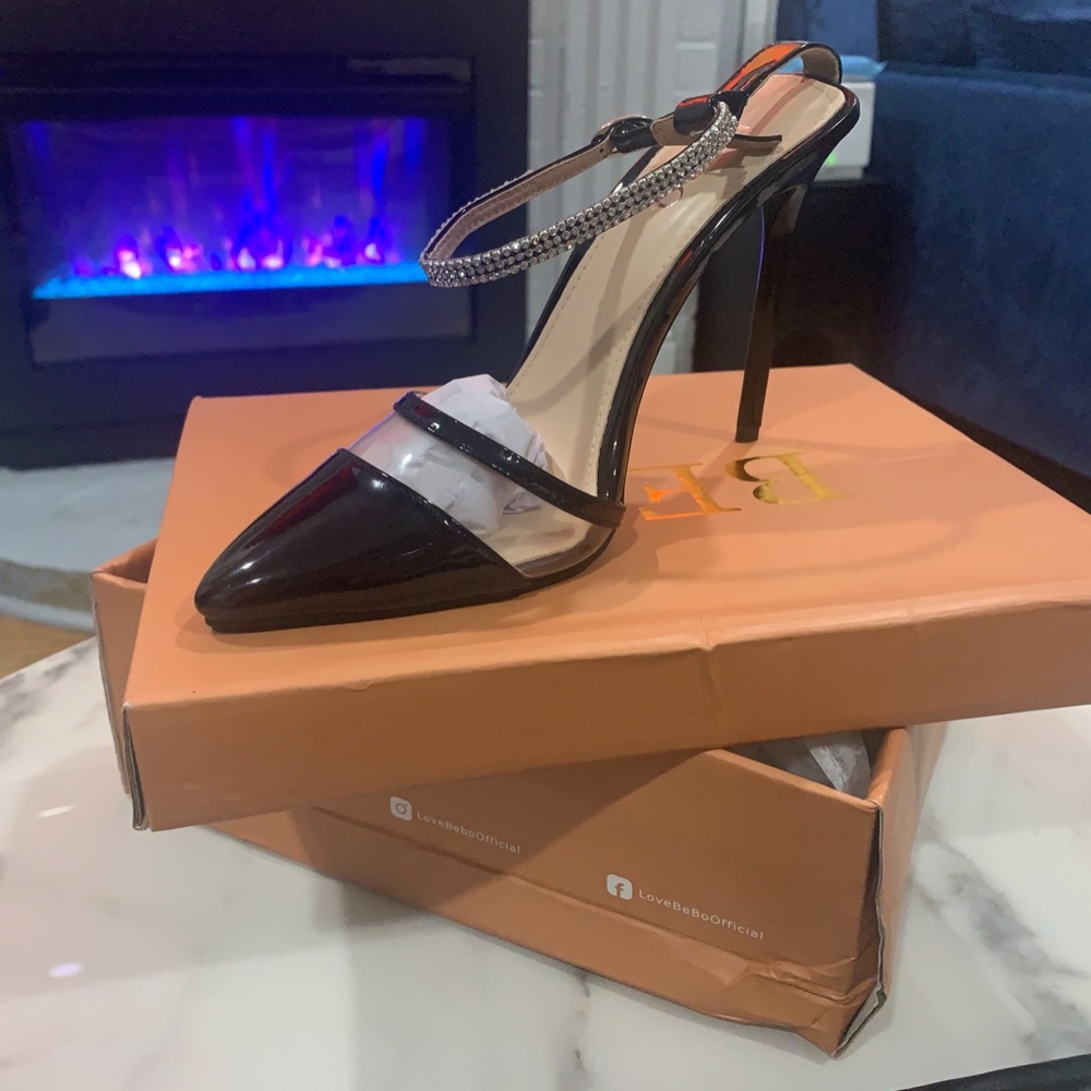 Black Pointed-Toe Heels Rhinestone - Picture 2 of 4